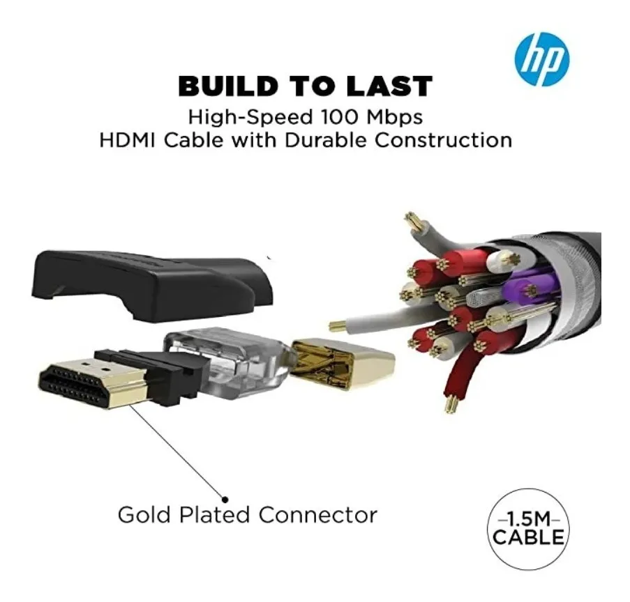 Cable HDMI Marca HP Alta Velocidad 4K UHD 2160p de 1,5 mts. Conectores Oro