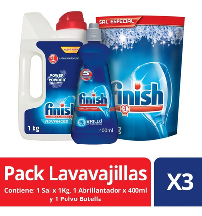 Finish Pack Detergente Botella 1 kg. + Abrillantador 400 ml. + Sal Antisarro 1 kg.