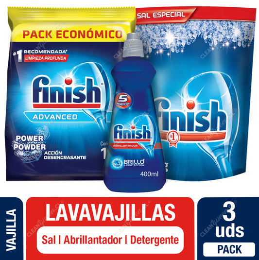 Finish Pack Económico Detergente Bolsa 1 kg. + Abrillantador 400 ml. + Sal Antisarro1 kg.