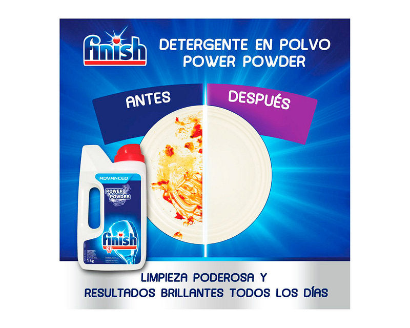 Finish Power Powder Detergente En Polvo Para Lavavajillas Botella 1 kg.