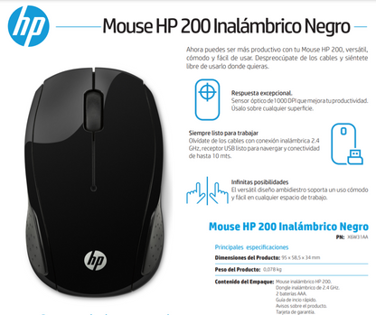 Mouse Óptico Inalámbrico HP 200 2.4 Ghz Plug & Play